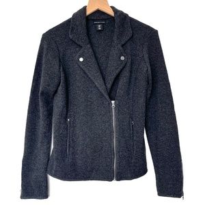 Adrienne Vittadini Black Charcoal Knit Wool Moto Sweater Jacket